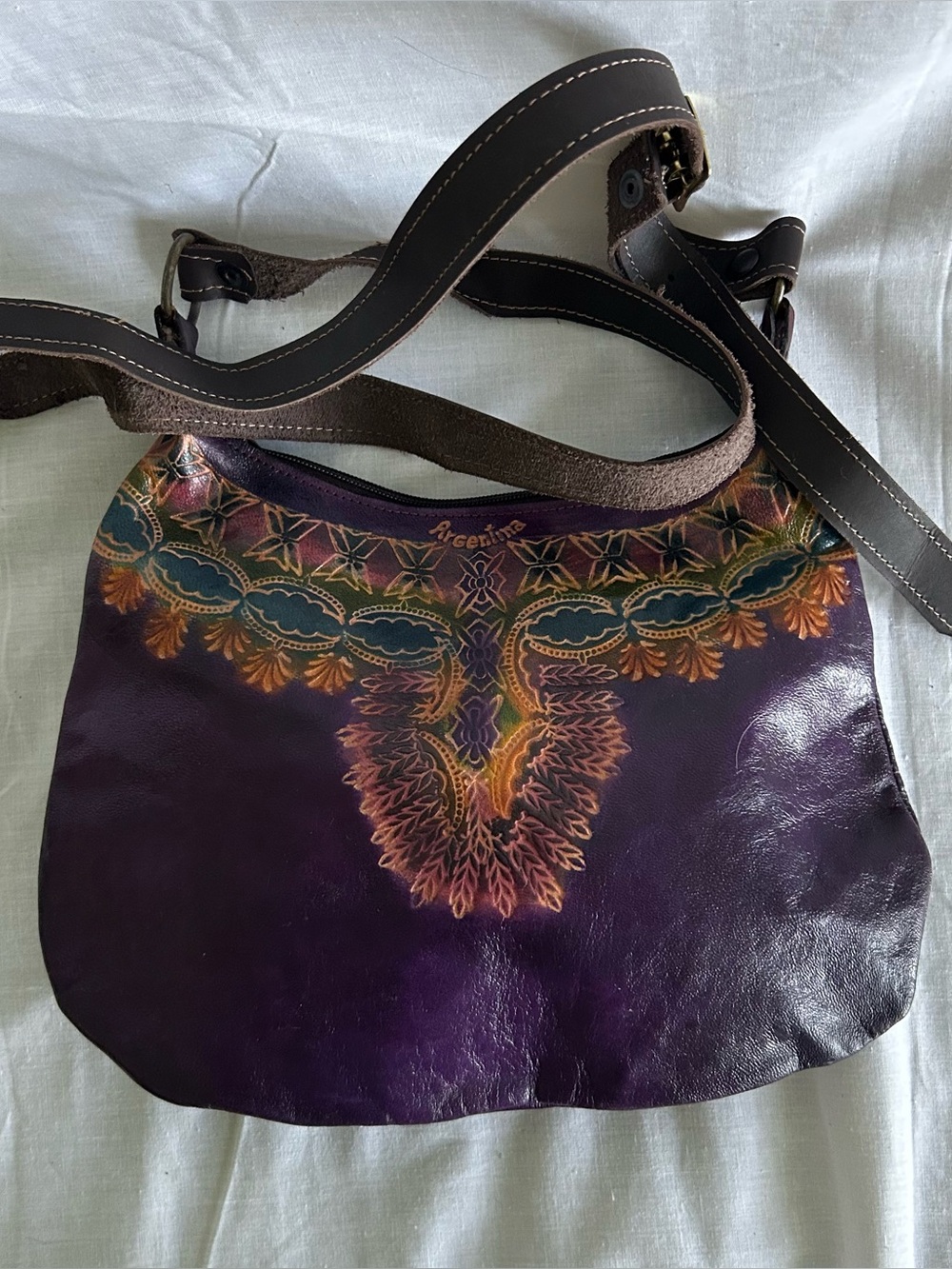 Handmade Argentine Tooled Leather Crossbody Bag Purple & Hand Painted Boho Hobo